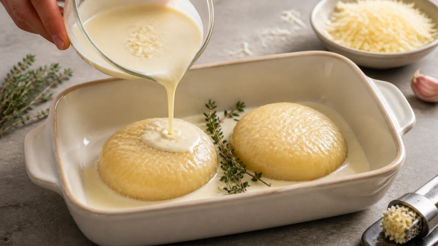 Handkase in a baking dish with cream and Parmesan before baking in the oven