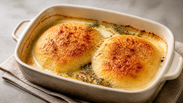 Handkase gratin in a baking dish, golden-brown Parmesan crust over a creamy sauce