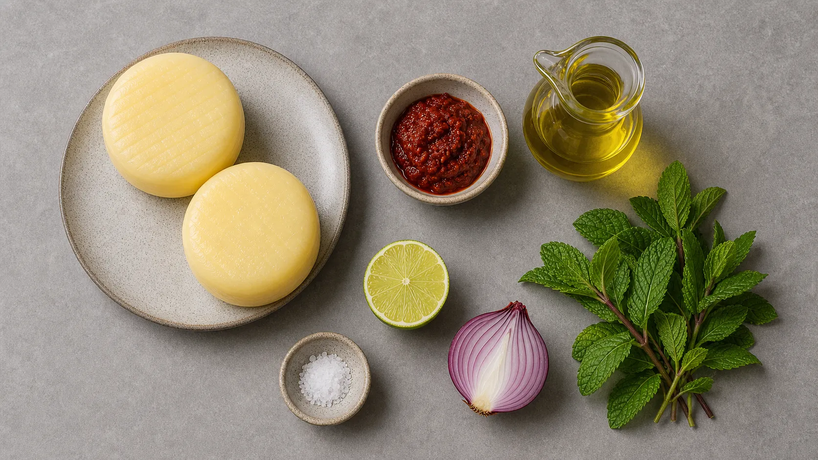 Ingredients for keto handkase cheese with harissa and mint as a flatlay with handkase, harissa, olive oil, lime, red onion and mint