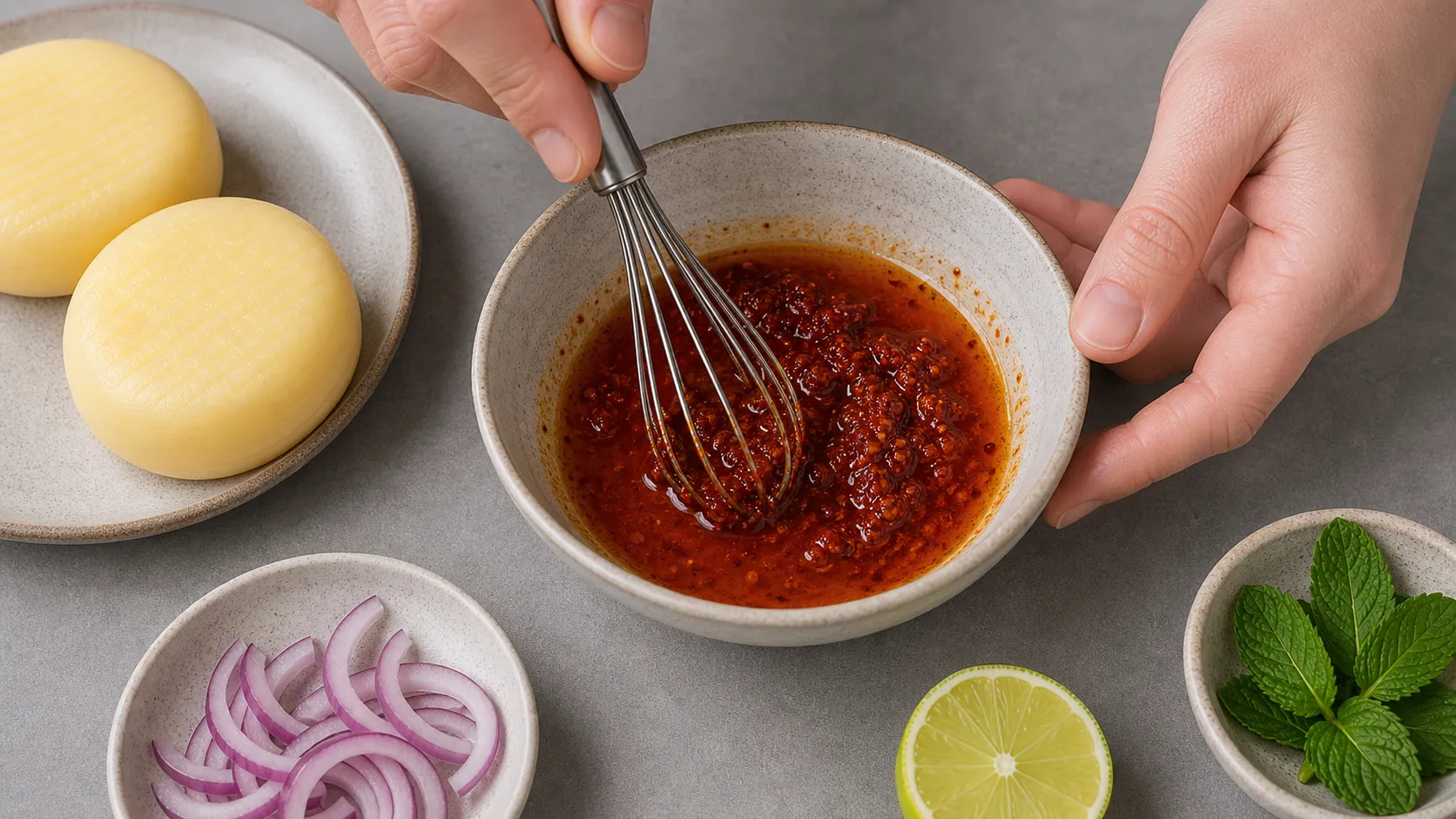 Harissa, olive oil and lime juice stirred together into a red marinade