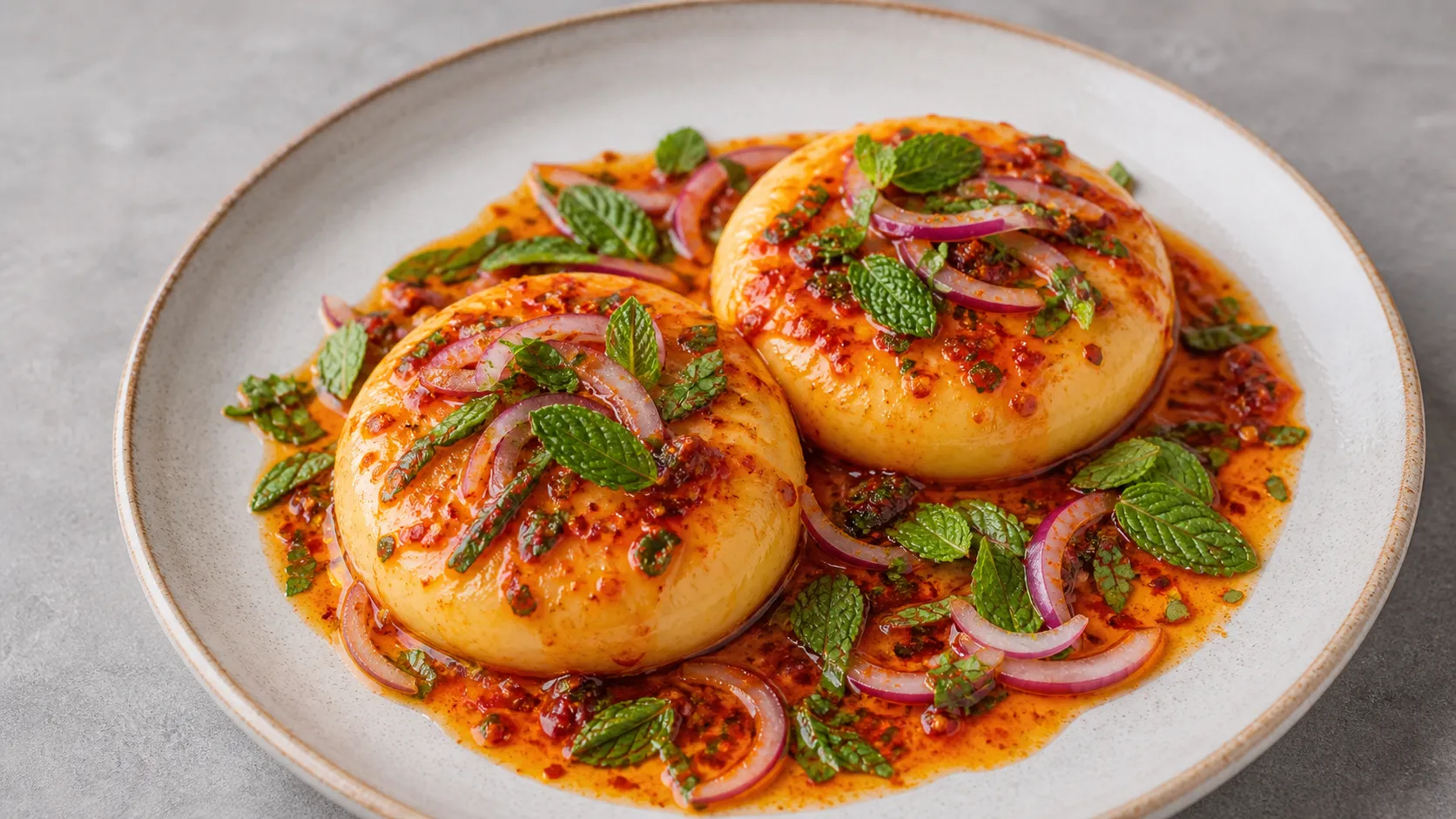 Keto handkase cheese with red harissa marinade, mint and red onions on a plate