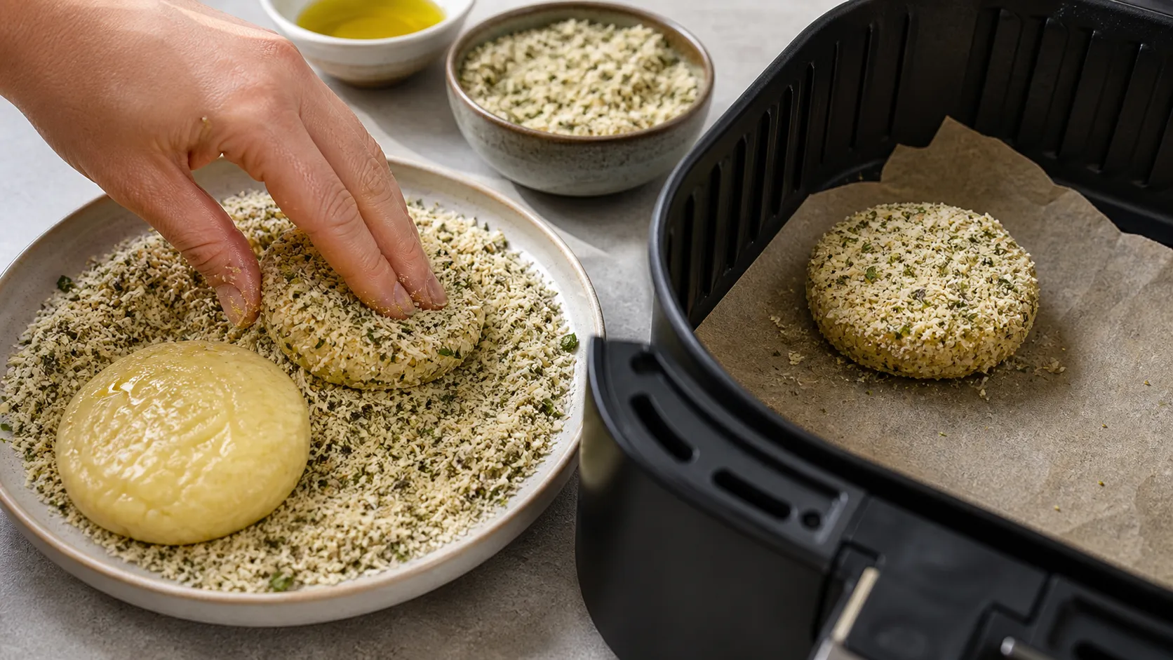 Handkase with parmesan crust in the air fryer basket before cooking