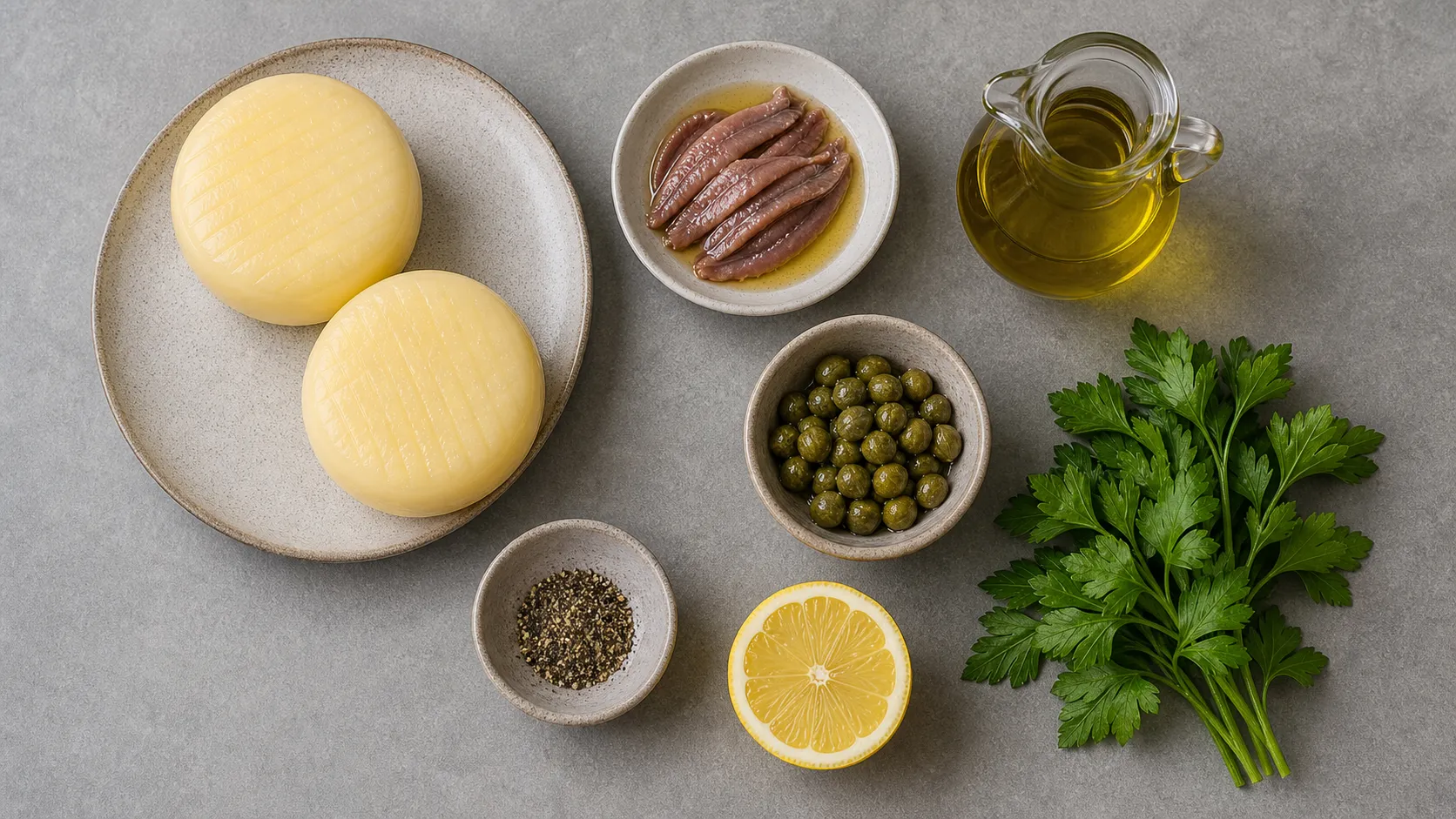 Ingredients for keto handkase with capers and anchovies as a flatlay with handkase, anchovy fillets, capers, lemon, olive oil and parsley