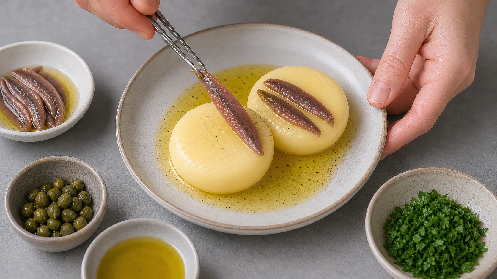 Anchovy fillets are placed on handkase before the capers and olive oil are added