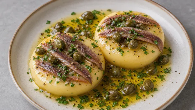 Keto handkase with anchovy fillets, capers, olive oil, lemon and parsley on a plate