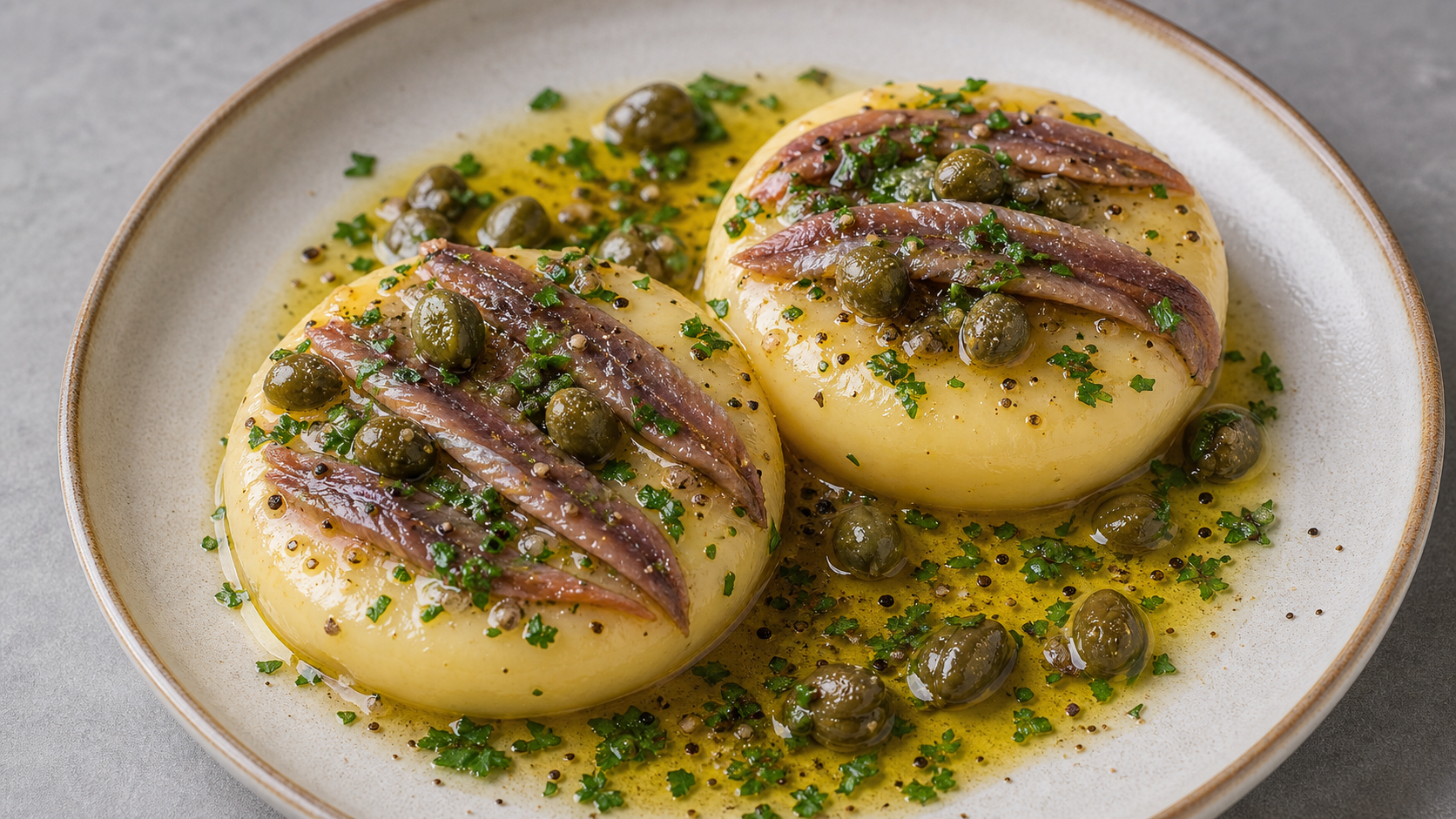 Keto handkase with anchovy fillets, capers, olive oil, lemon and parsley on a plate
