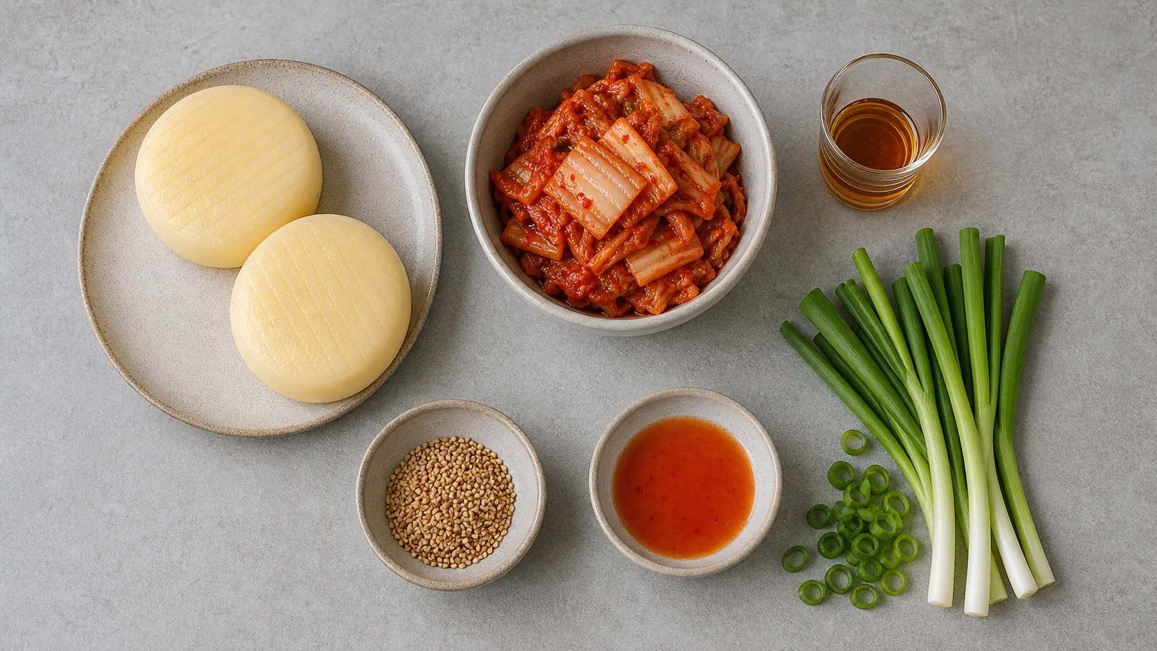 Ingredients for keto handkase with kimchi and sesame oil as a flatlay with handkase, kimchi, sesame oil, sesame seeds and spring onions