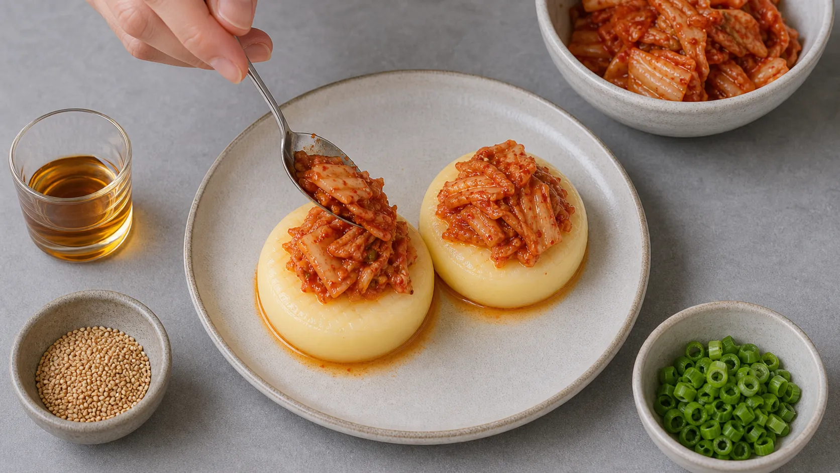Kimchi being spread onto handkase and prepared with sesame oil