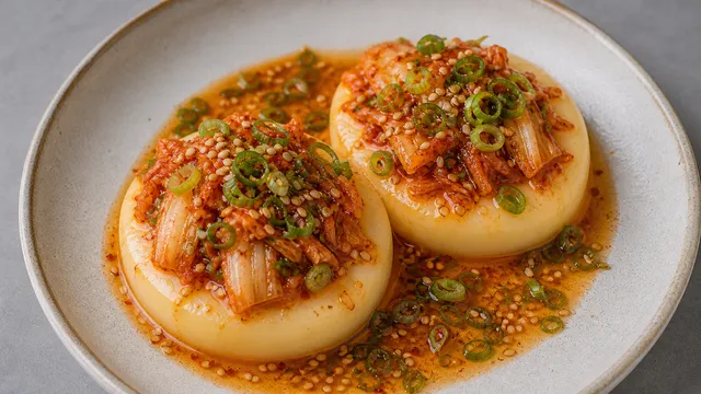 Keto handkase with kimchi, toasted sesame seeds, sesame oil and spring onions on a plate