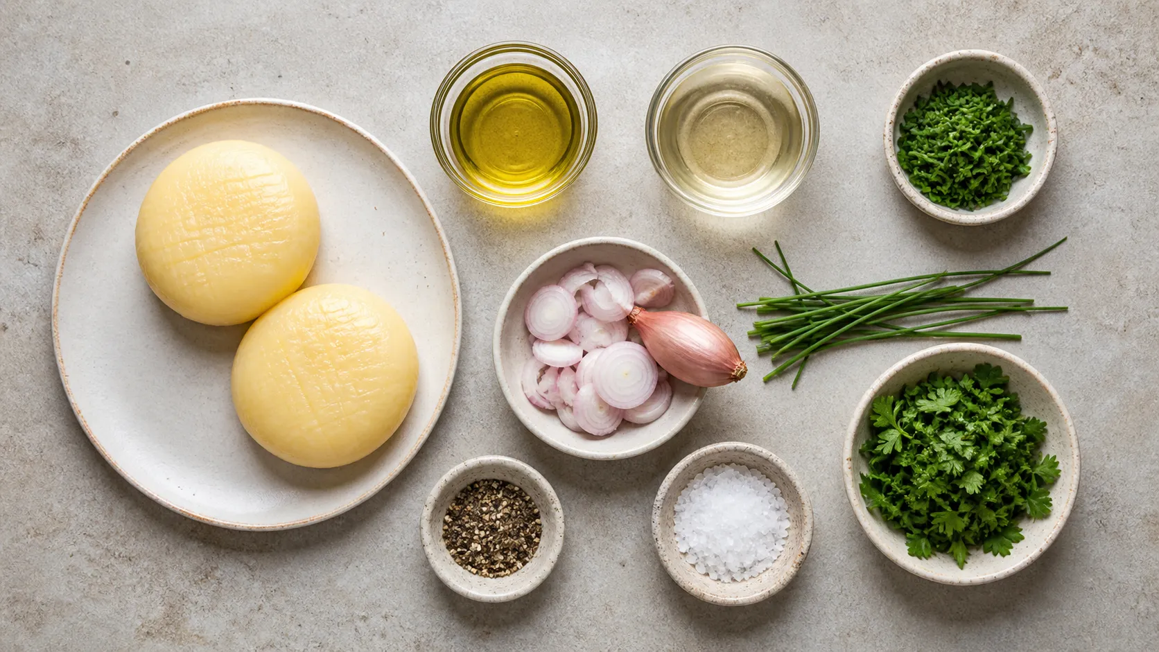 Ingredients for handkase with herb vinaigrette: handkase, chives, parsley, shallots, olive oil and white wine vinegar
