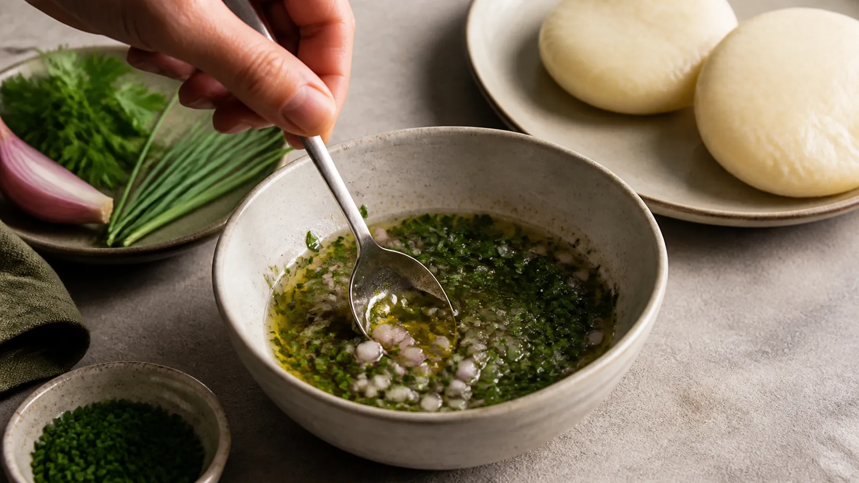 Herb vinaigrette with chives, parsley and shallots being whisked together