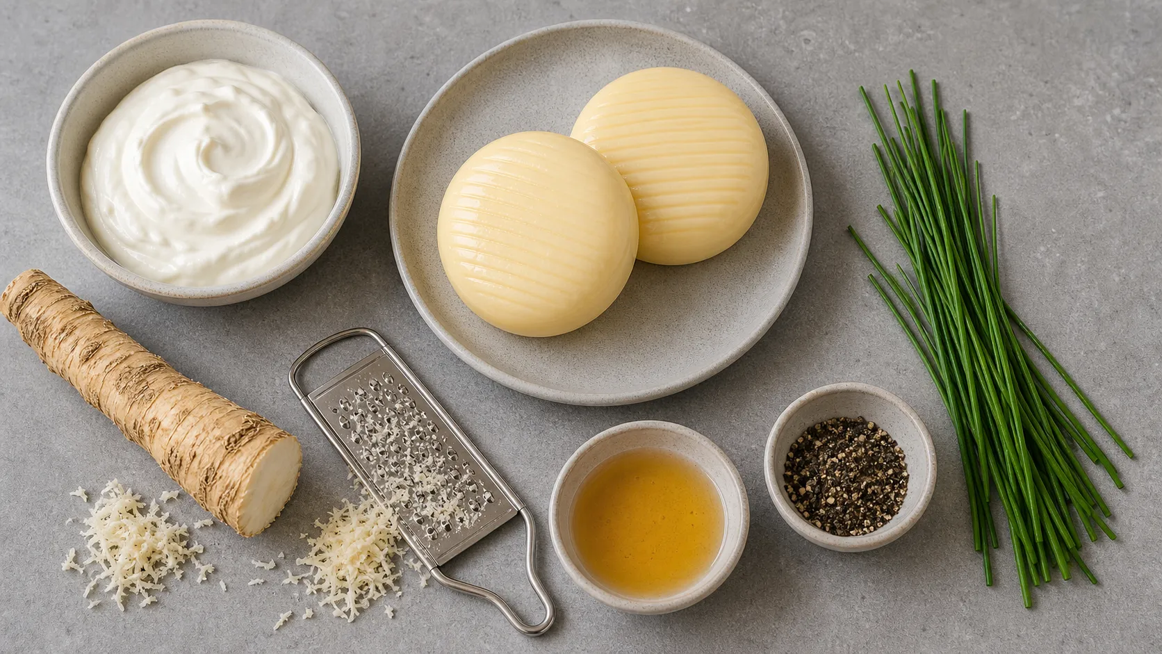 Ingredients for keto handkase cheese with horseradish and crème fraîche as a flatlay with handkase, crème fraîche, horseradish root, apple cider vinegar and chives