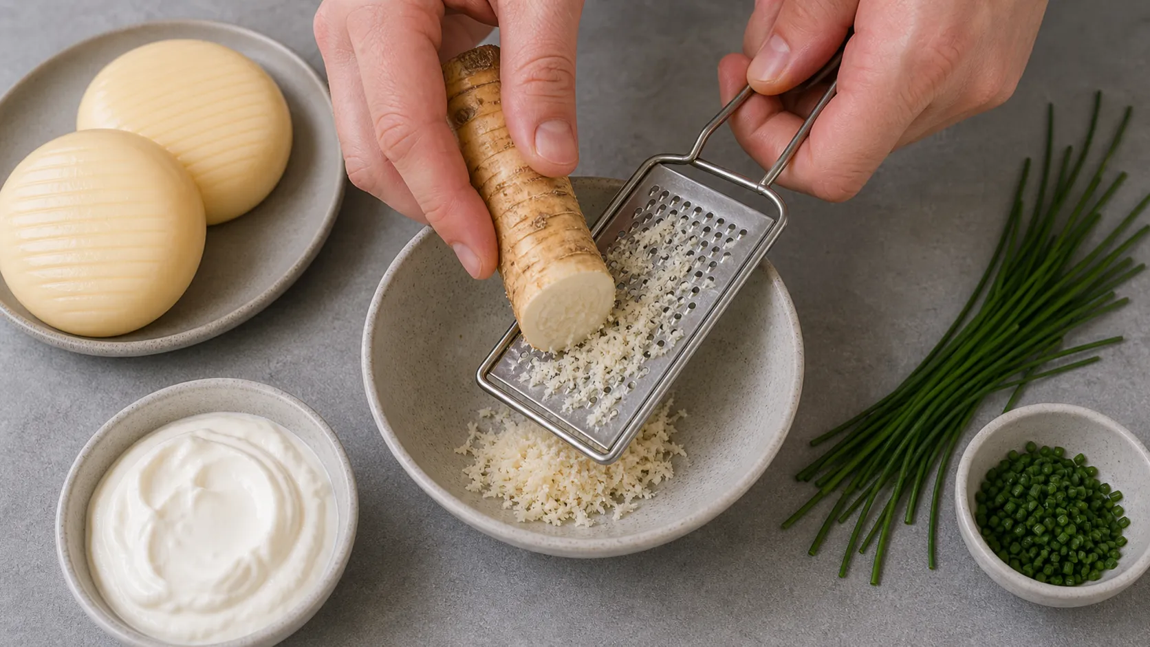 Fresh horseradish being grated for the crème fraîche sauce