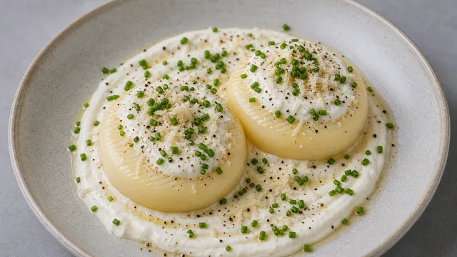 Keto handkase cheese on horseradish crème fraîche with chives and black pepper