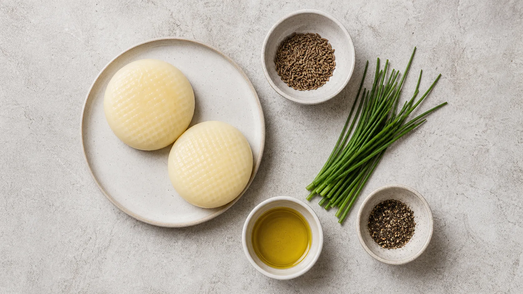 Ingredients for microwaved handkase: handkase, caraway, chives, olive oil and pepper