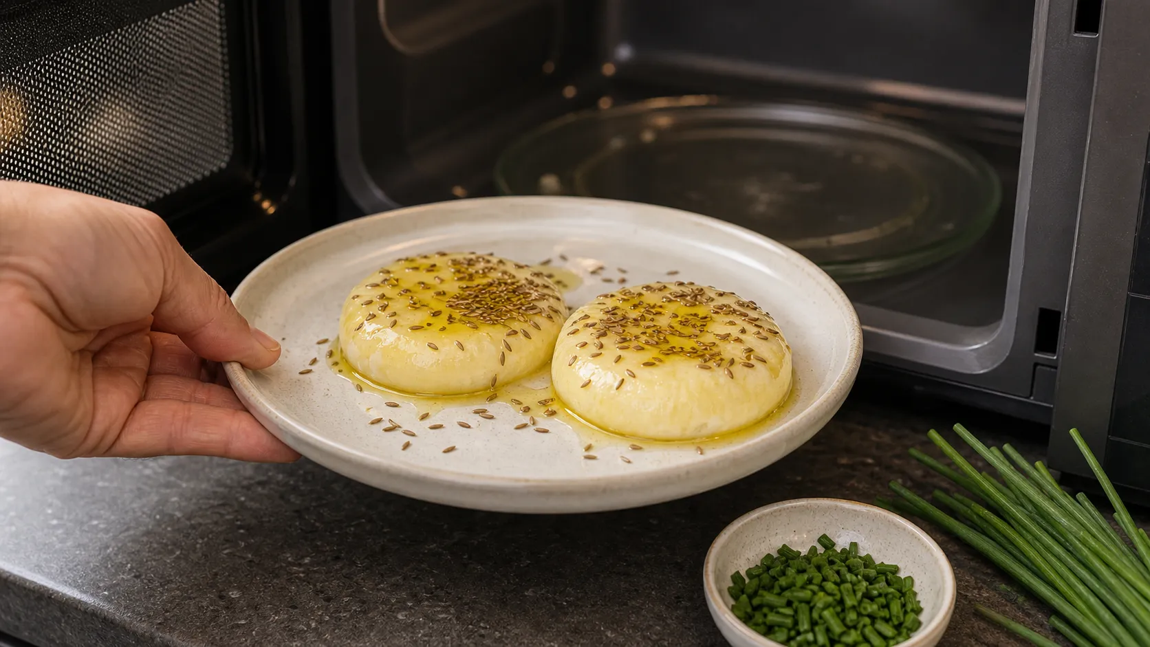 Handkase on a microwave-safe plate with caraway and olive oil, ready for the microwave