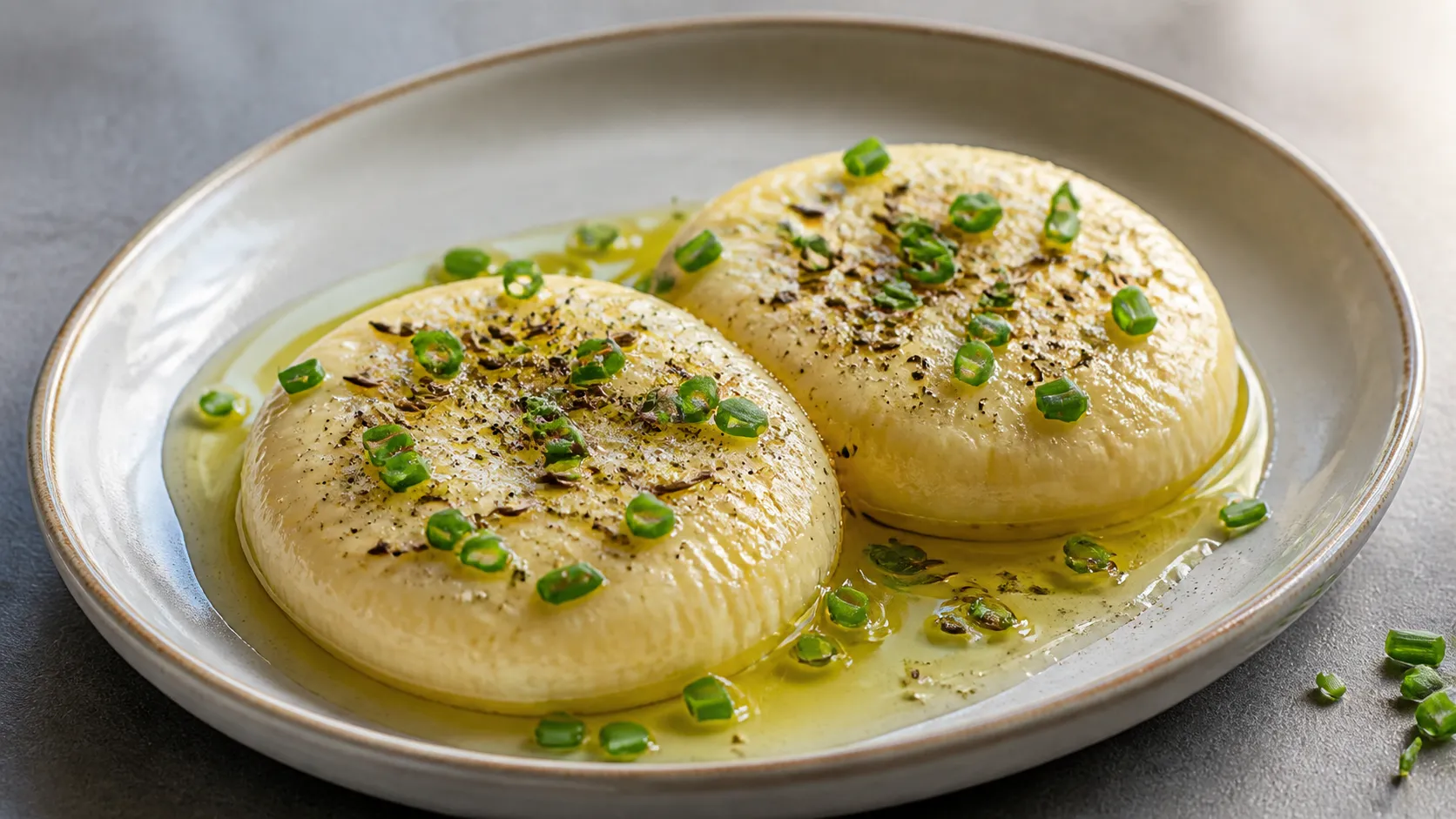 Microwaved handkase, melted creamy with caraway and chives, on a plate