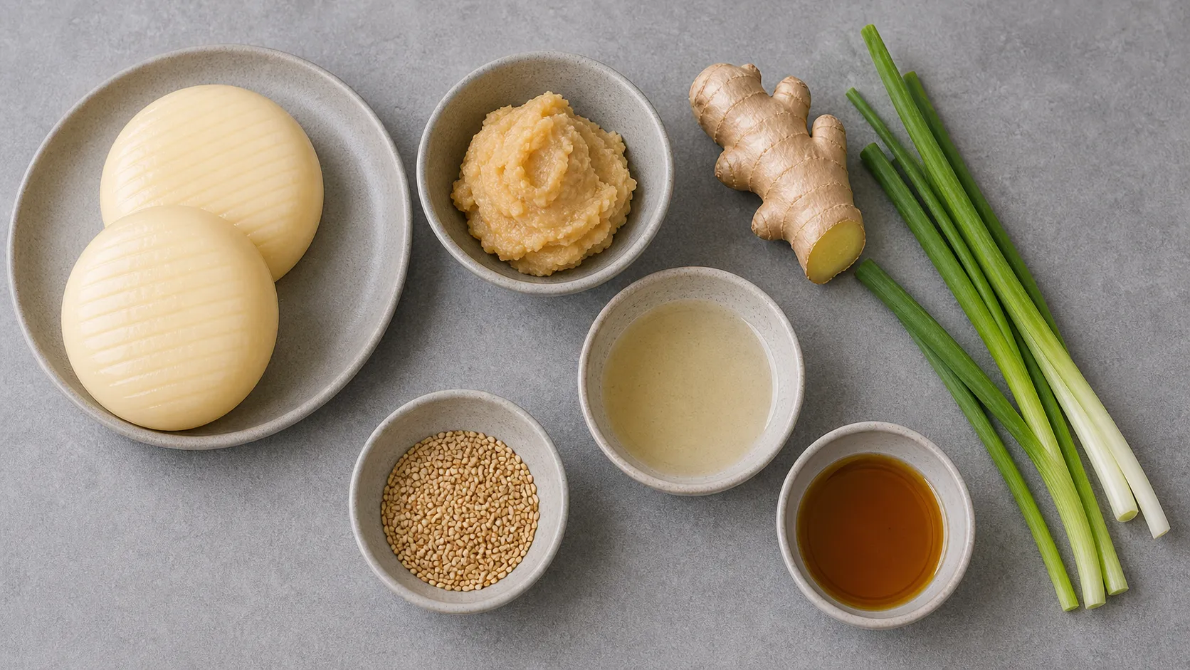Ingredients for keto handkase cheese with miso-ginger marinade as a flatlay with handkase, white miso paste, rice vinegar, sesame oil, ginger, sesame seeds and spring onions