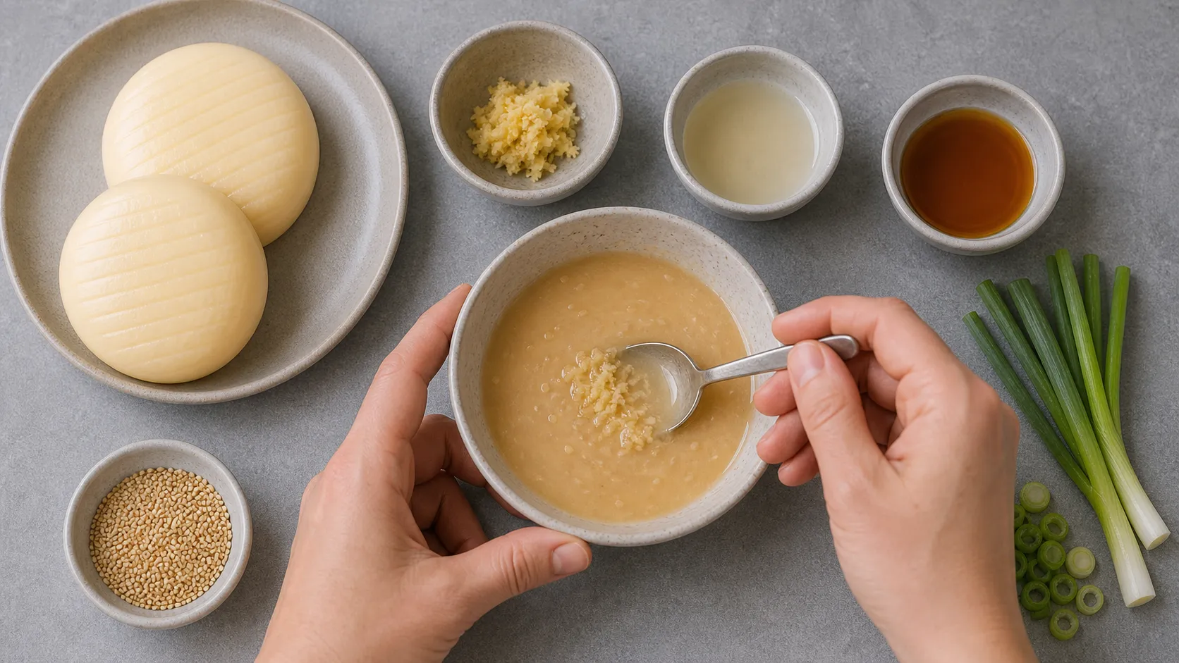 Miso paste, rice vinegar, sesame oil and ginger being whisked into a marinade