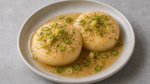 Keto handkase cheese with miso-ginger marinade, toasted sesame seeds and spring onions on a plate