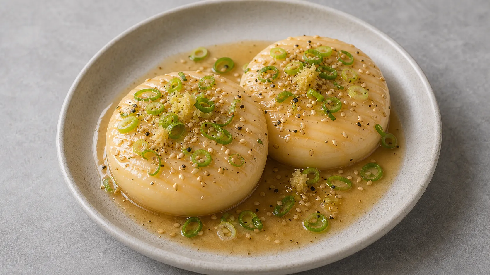 Keto handkase cheese with miso-ginger marinade, toasted sesame seeds and spring onions on a plate