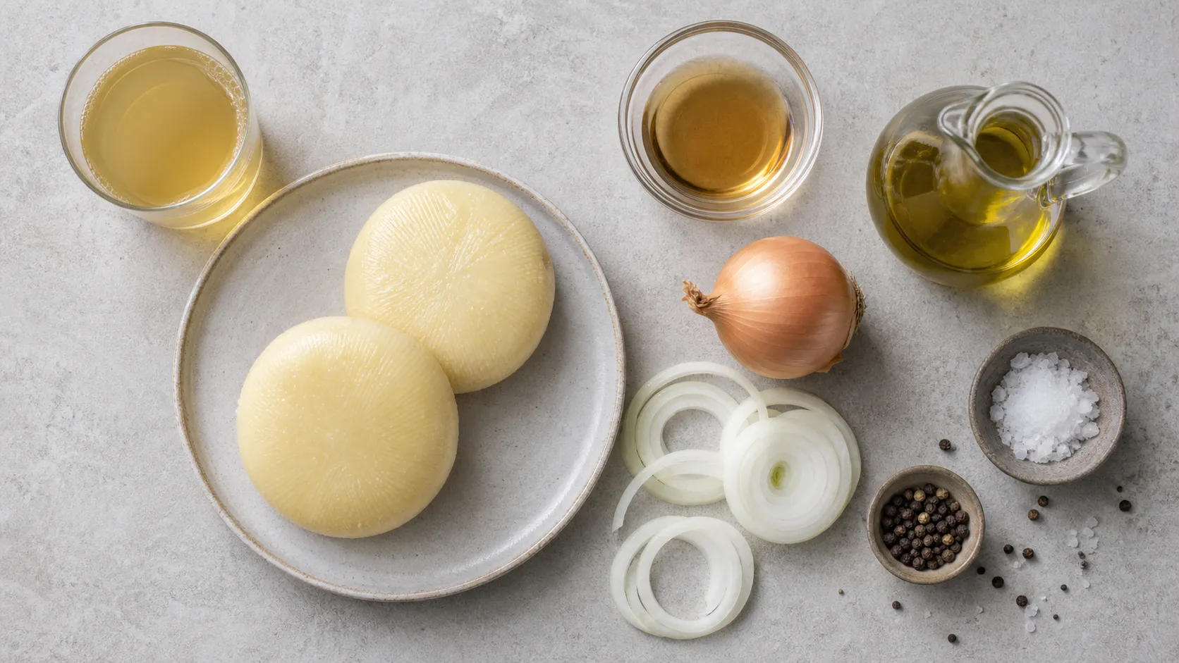 Ingredients for handkase cheese with apple wine marinade: handkase, apple wine, apple cider vinegar, olive oil and onion