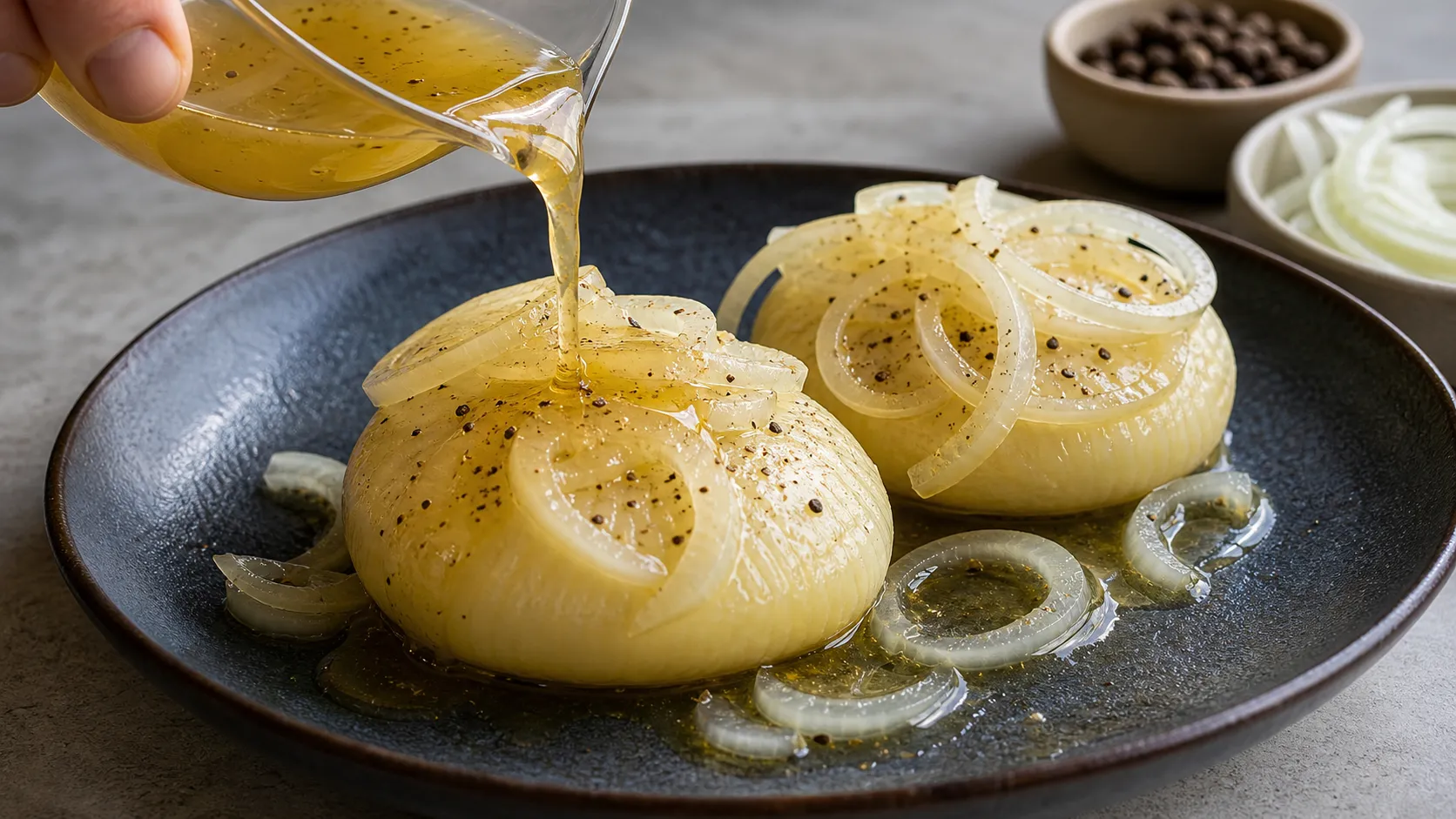 Apple wine marinade being poured over handkase cheese and onion rings