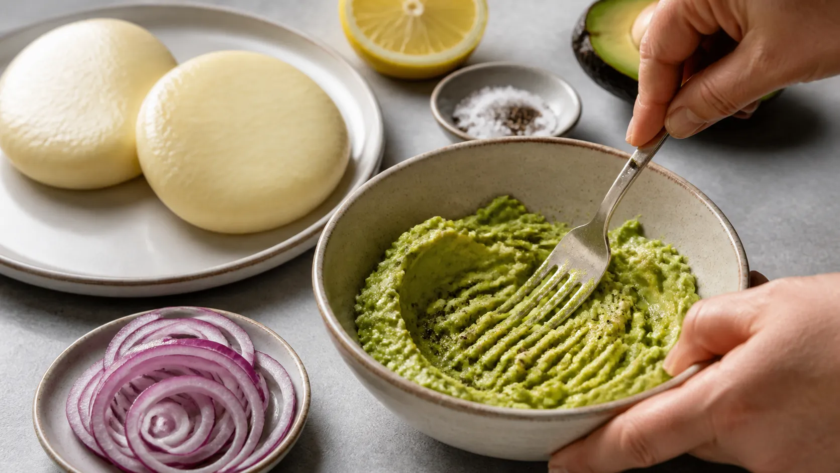 Avocado being mashed with lemon juice for the handkase cream