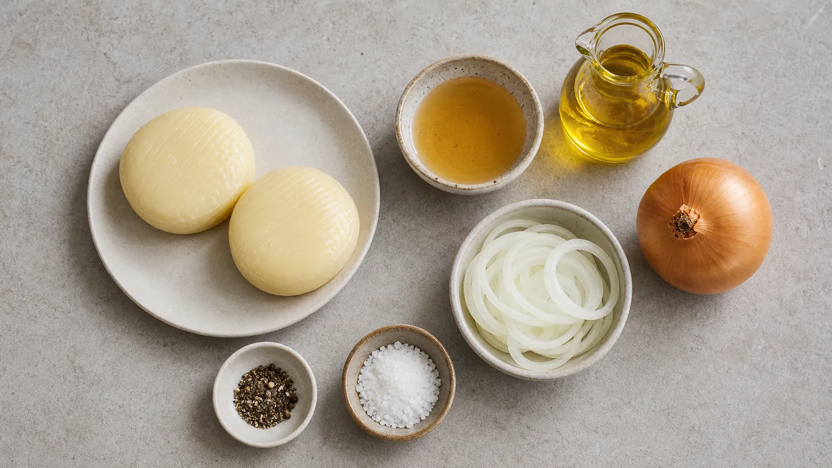 Ingredients for classic Handkäse mit Musik: Handkäse, apple cider vinegar, canola oil, onions, pepper and salt