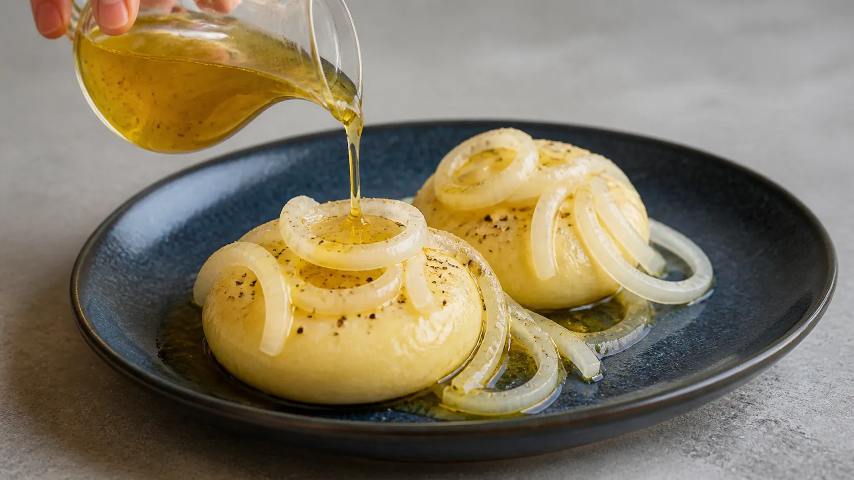 Vinegar-oil marinade being poured over classic Handkäse with onions