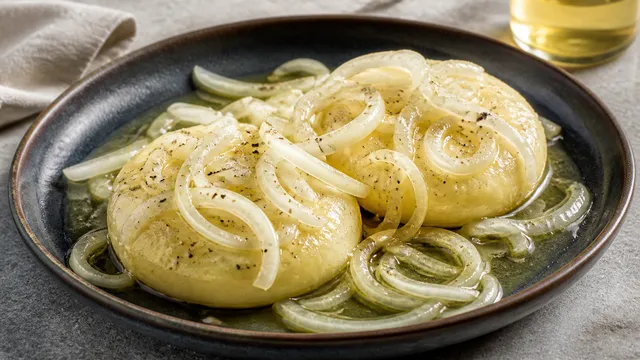 Classic Handkäse mit Musik with onion rings, apple cider vinegar, canola oil and pepper