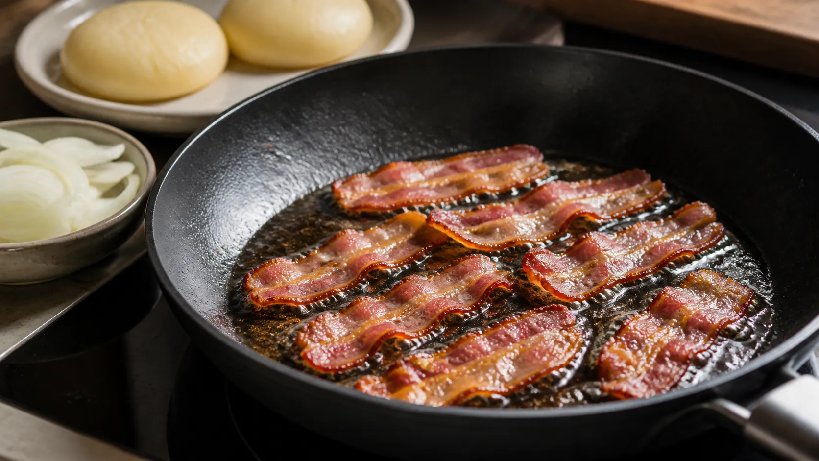 Breakfast bacon being crisped in the pan for handkase with onions