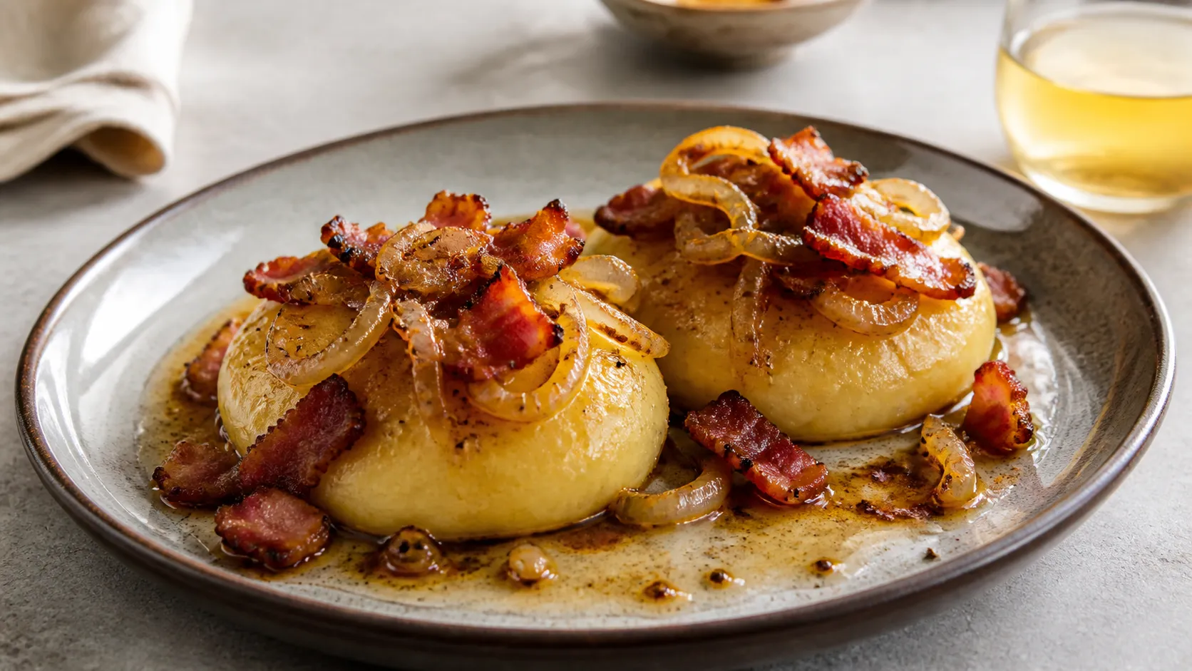 Handkase with crispy bacon, browned onions, apple cider vinegar and pepper