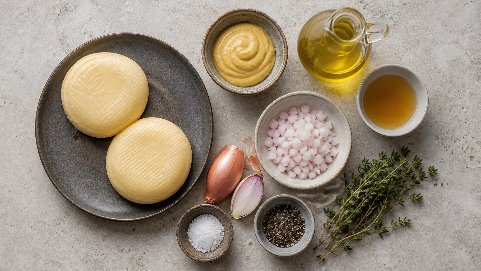 Ingredients for handkase with mustard vinaigrette: handkase cheese, Dijon mustard, olive oil, apple cider vinegar, shallots and thyme