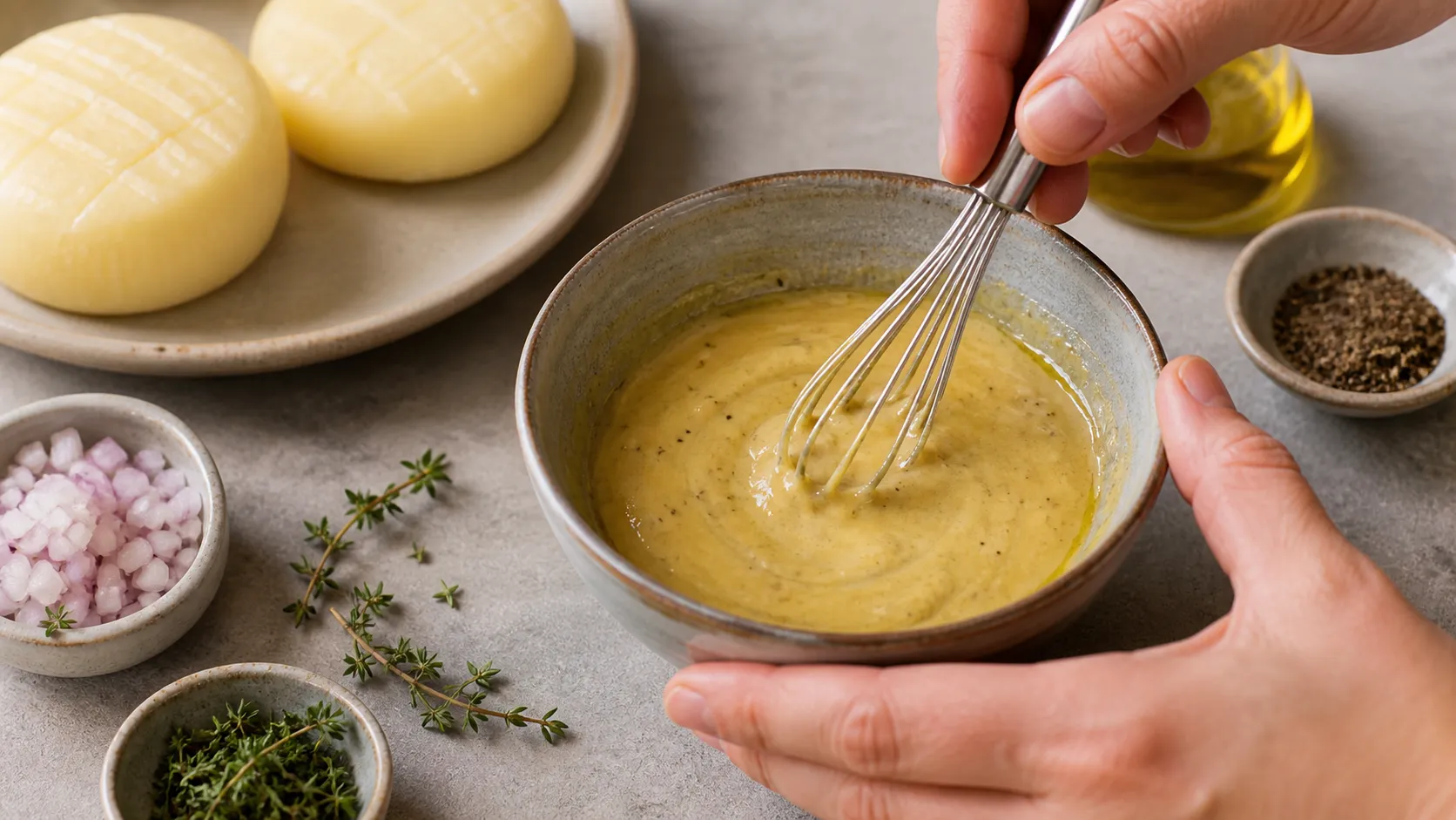 Dijon mustard vinaigrette being whisked into a creamy emulsion with olive oil and apple cider vinegar