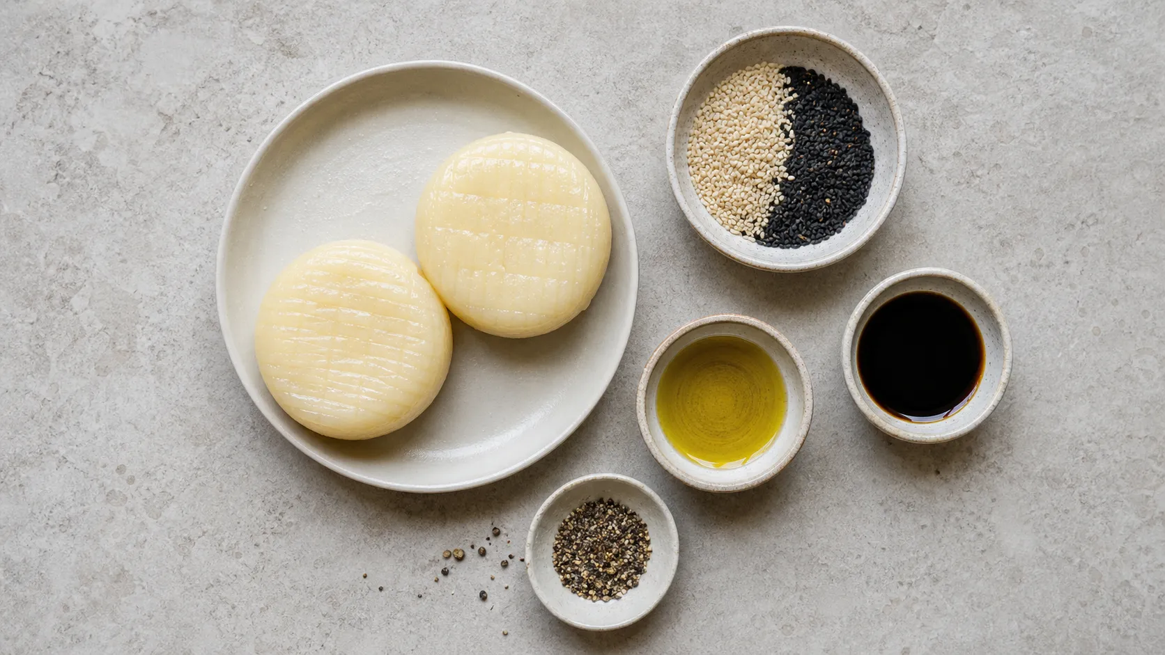 Ingredients for handkase with sesame crust: handkase, sesame seeds, olive oil, soy sauce, pepper