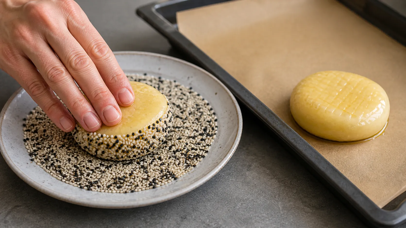 Handkase with sesame crust on a baking tray before baking in the oven