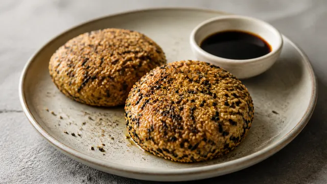 Handkase cheese with a golden-brown sesame crust from the oven, on a plate with a soy sauce dip