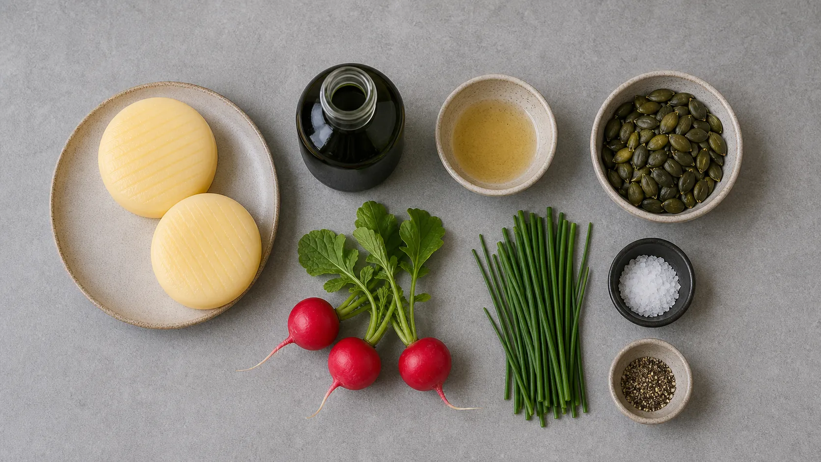 Ingredients for keto handkase with pumpkin seed oil as a flat lay with handkase, pumpkin seed oil, white wine vinegar, pumpkin seeds, radishes and chives