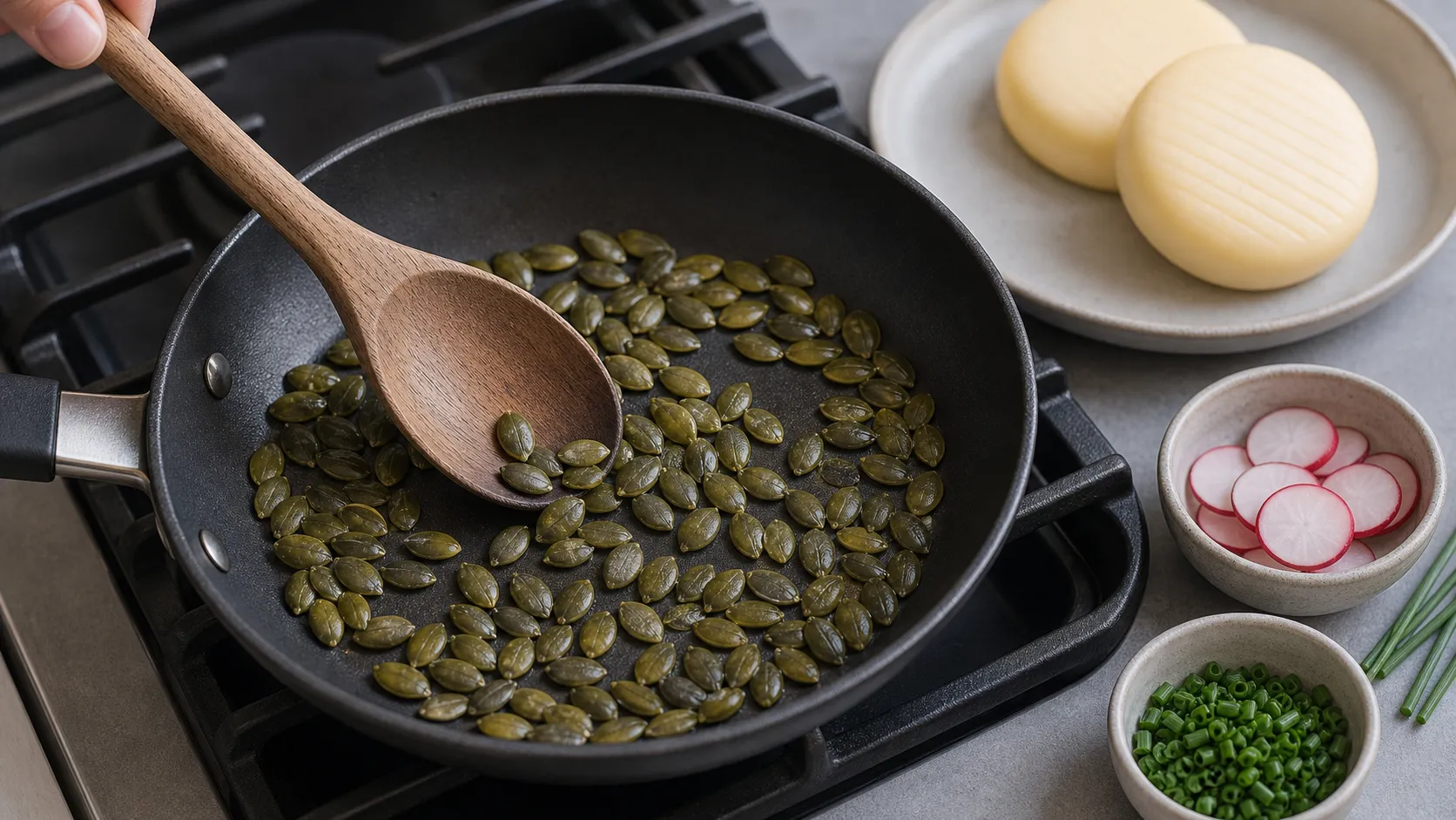 Pumpkin seeds being toasted in a dry pan for handkase with pumpkin seed oil