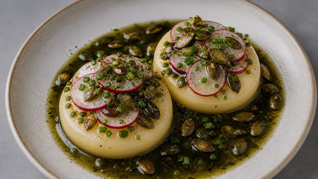 Keto handkase with Styrian pumpkin seed oil, radishes, chives and toasted pumpkin seeds on a plate