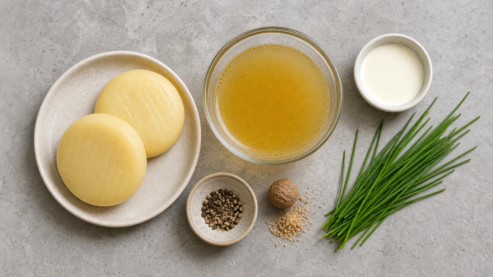 Ingredients for handkase cheese soup: handkase, vegetable broth, cream, chives, nutmeg