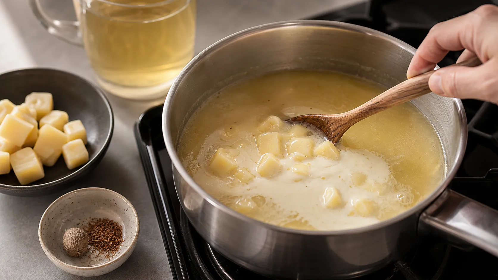 Handkase dissolving in hot vegetable broth and being stirred until creamy