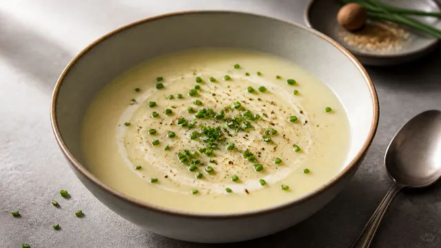 Handkase cheese soup in a bowl with chives, creamy and steaming