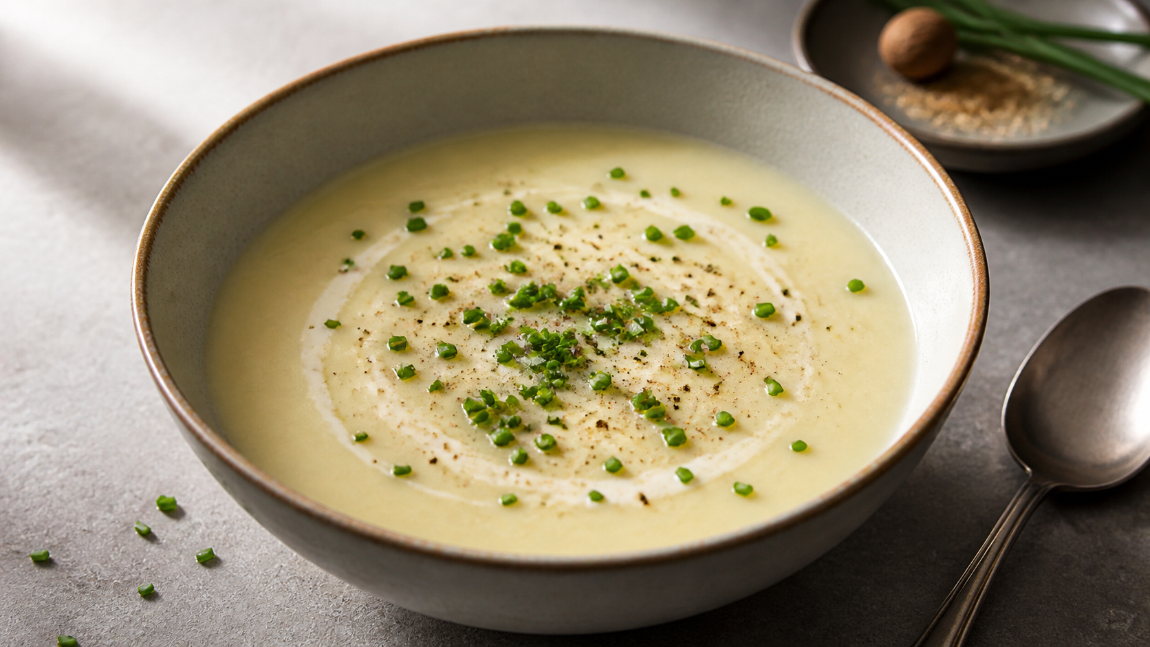 Handkase cheese soup in a bowl with chives, creamy and steaming
