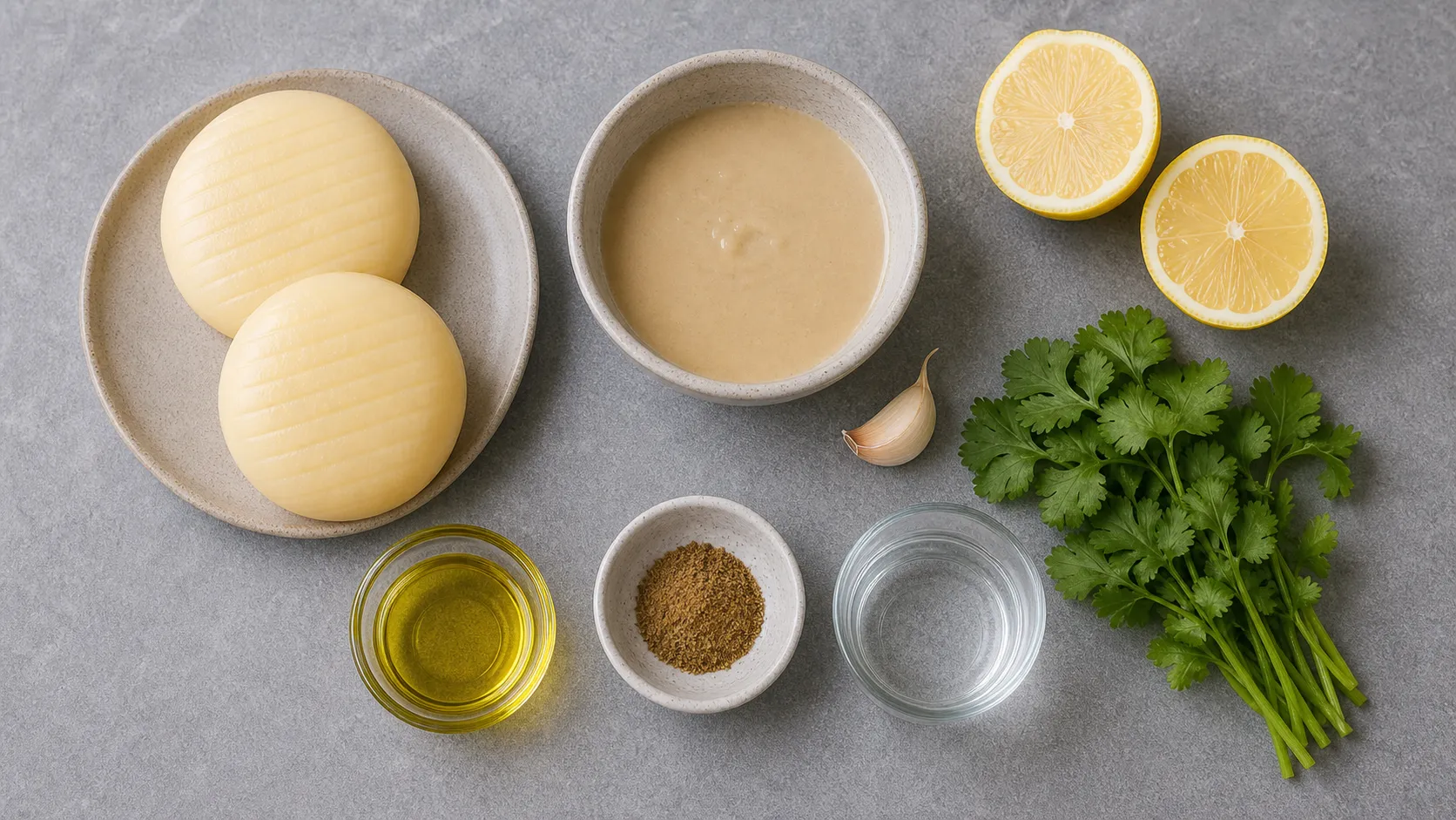 Ingredients for keto handkase with tahini, lemon and cilantro as a flatlay with handkase, tahini, lemon, garlic, cilantro, cumin and olive oil