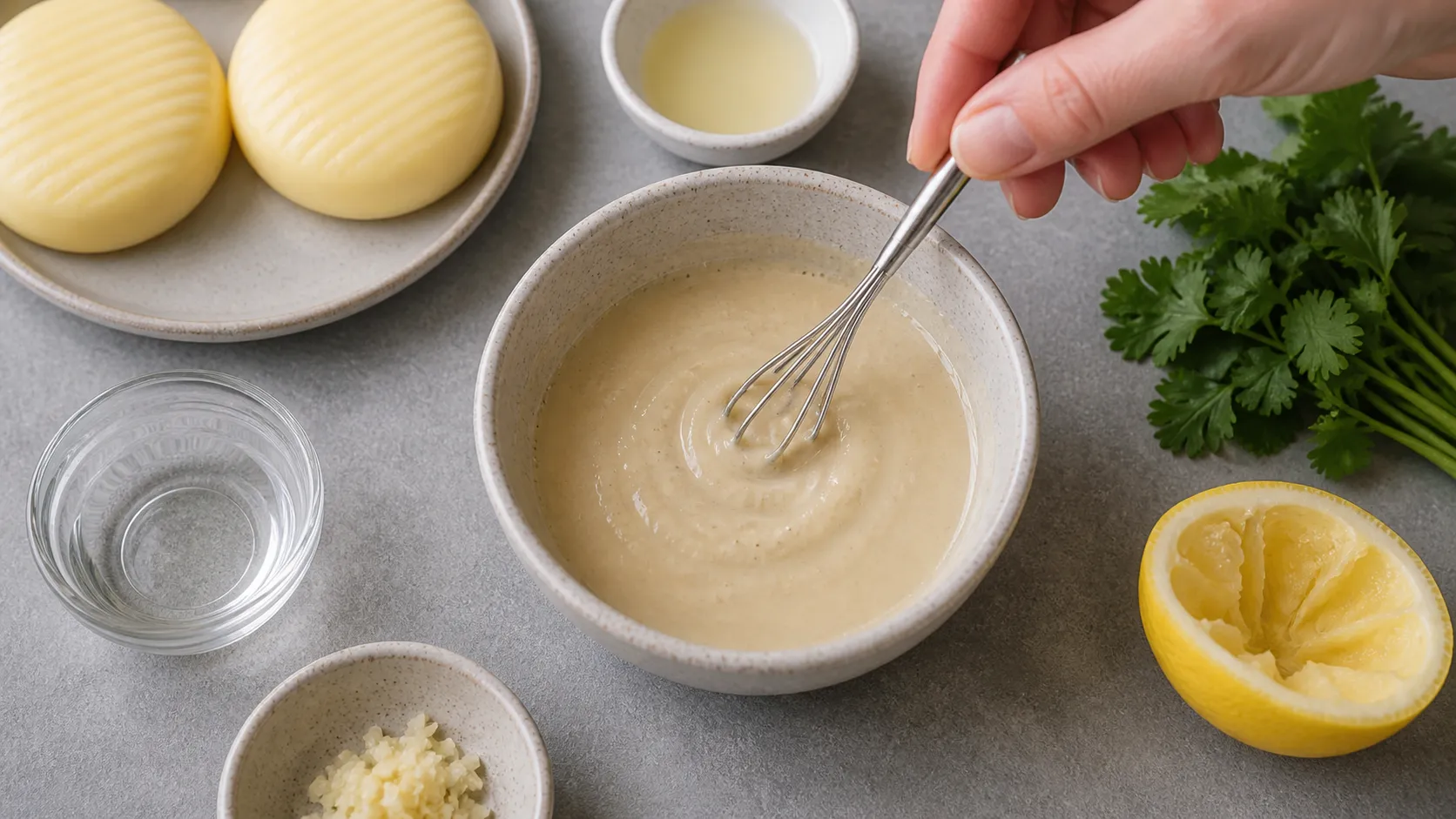 Tahini, lemon juice, garlic and water are stirred into a creamy sauce