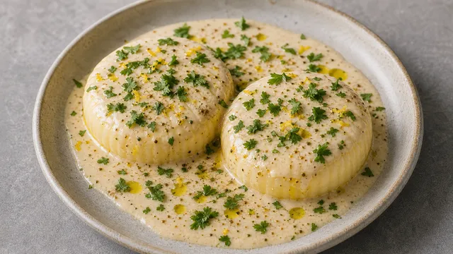 Keto handkase cheese with tahini-lemon sauce, cilantro, olive oil and cumin on a plate
