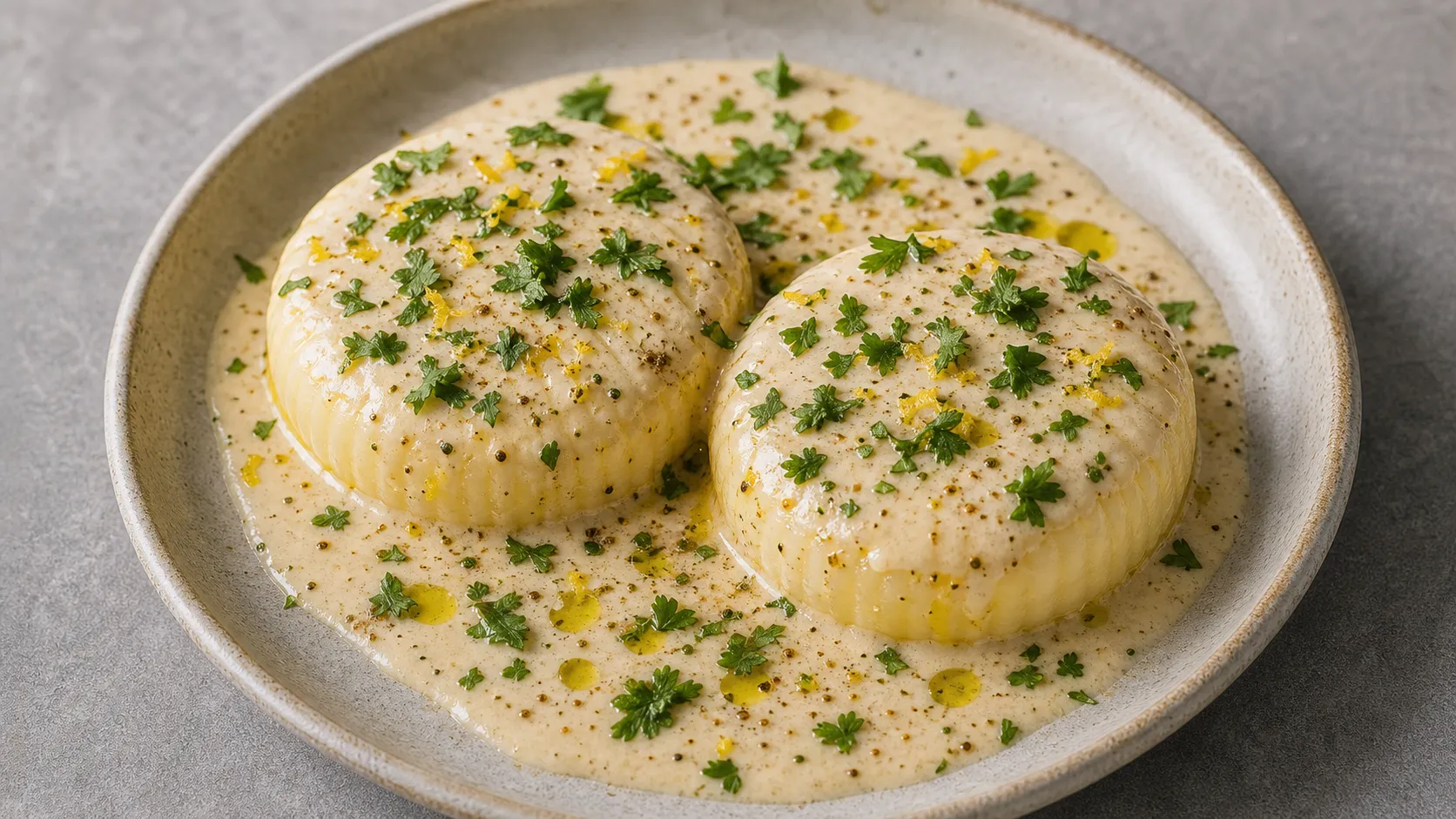 Keto handkase cheese with tahini-lemon sauce, cilantro, olive oil and cumin on a plate
