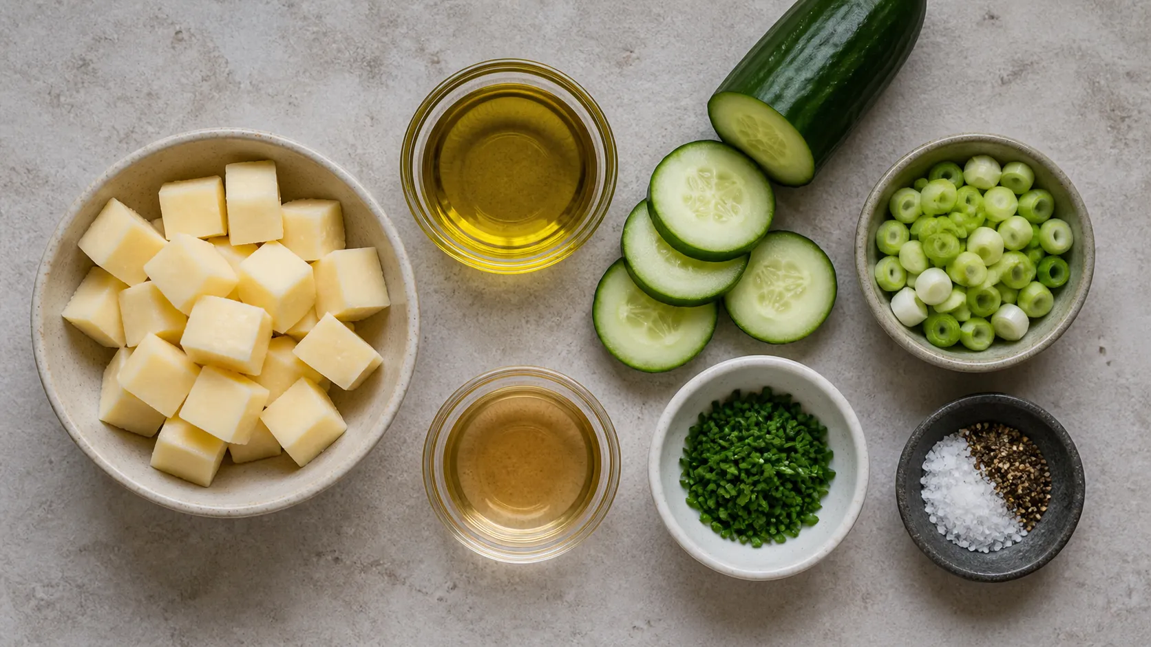 Ingredients for handkase tapas: handkase cubes, cucumber, olive oil, apple cider vinegar, spring onions and chives